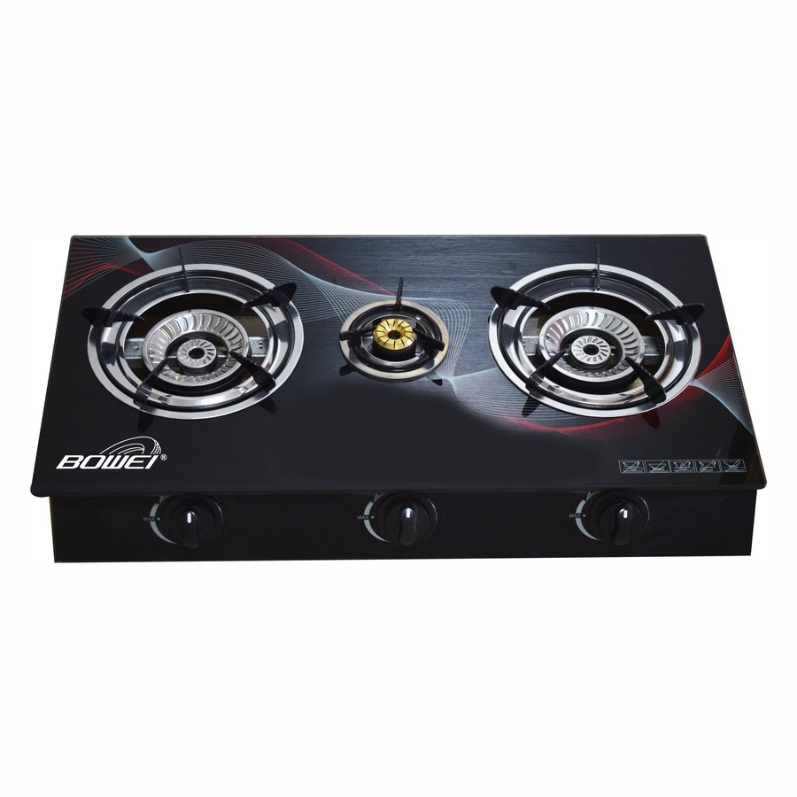 Glass three burner gas stove detail